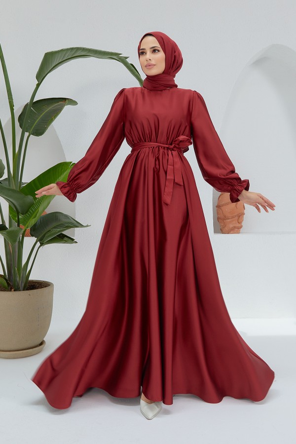 Kuşaklı Saten Elbise - Bordo