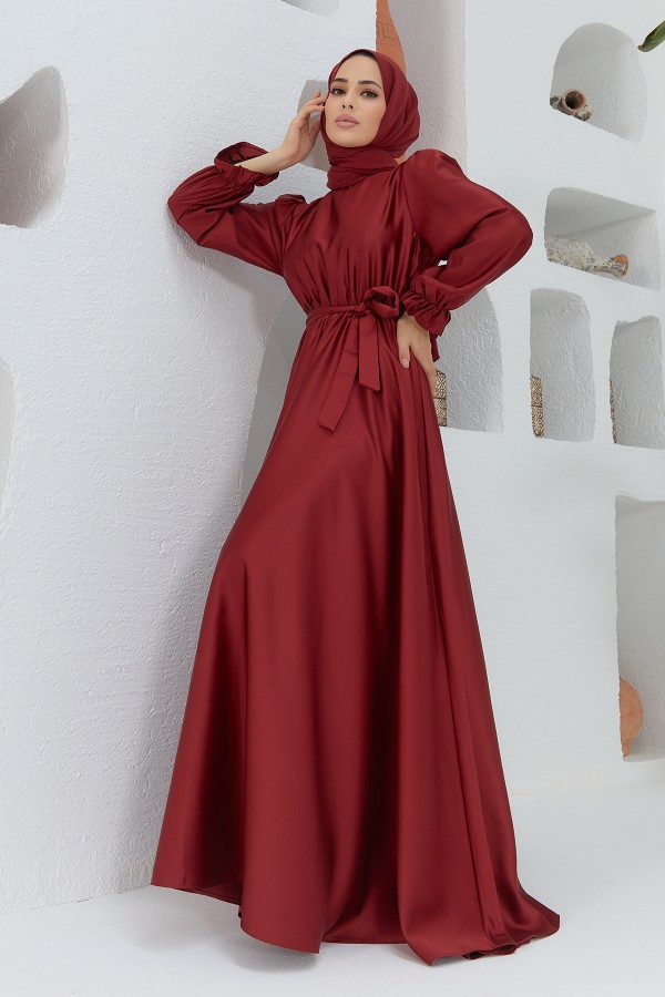 Kuşaklı Saten Elbise - Bordo