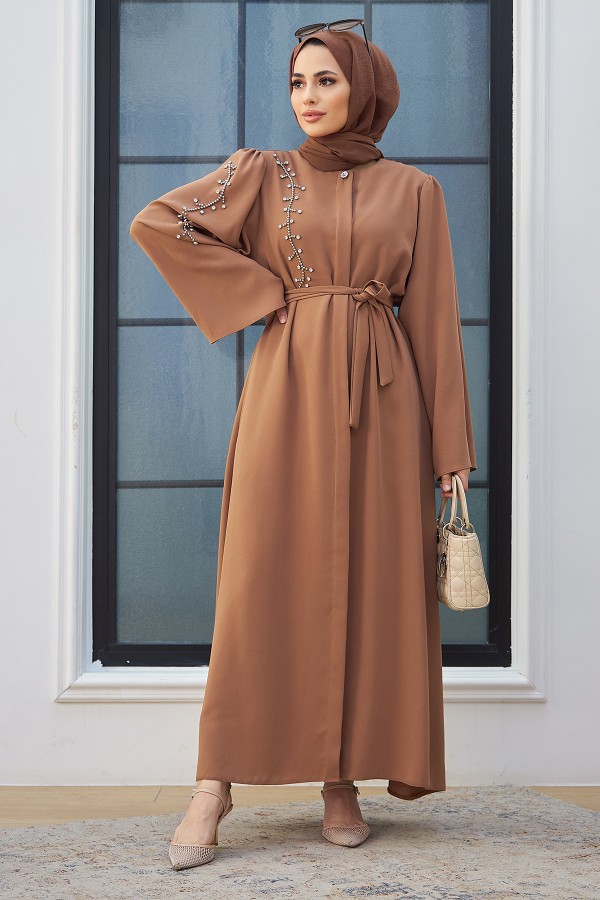 Rhinestone Abaya - Camel