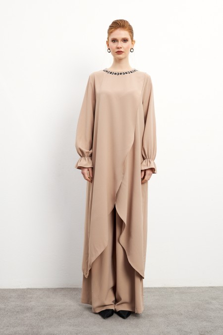 Asimetrik Kesim Tunik Pantolon Takım - Bej