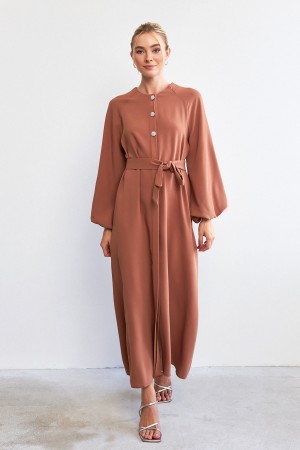 Balon Kol Düğmeli Abaya Elbise - Camel Balon Kol Düğmeli Abaya Elbise - Camel
