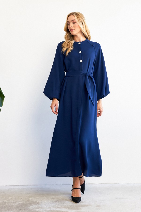 Balloon Sleeve Button Abaya Dress - Indigo Balloon Sleeve Button Abaya Dress - Indigo