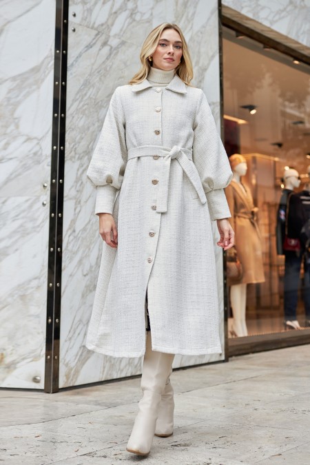 Balloon Sleeve Belted Coat - Ecru