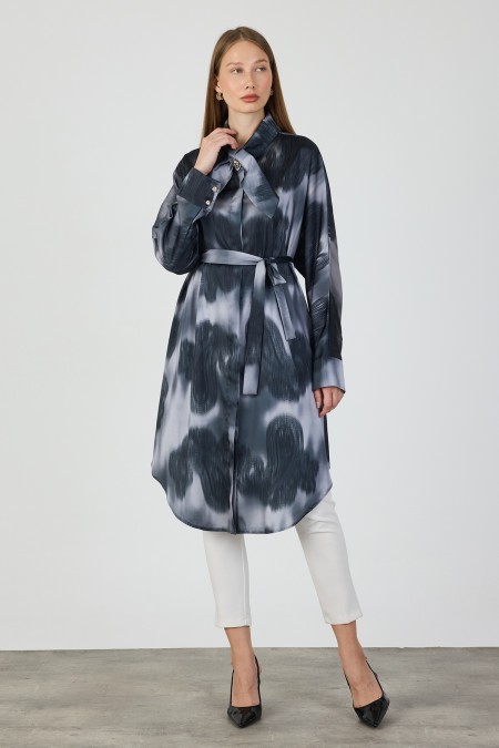 Fular Yaka Detaylı Saten Tunik - Gri