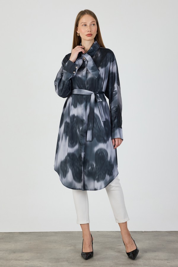 Satin Tunic with Scarf Collar Detail - Grey Satin Tunic with Scarf Collar Detail - Grey