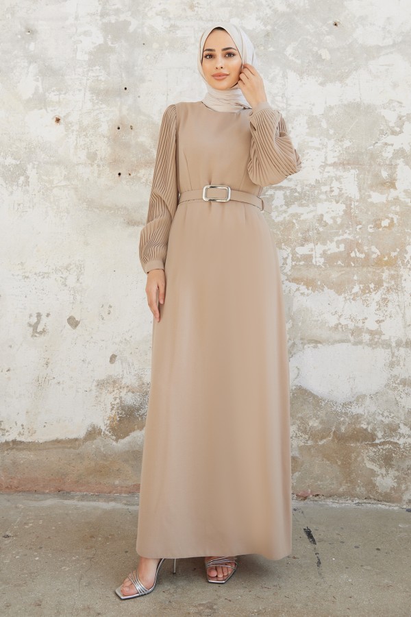 Pleated Sleeves Dress - Beige