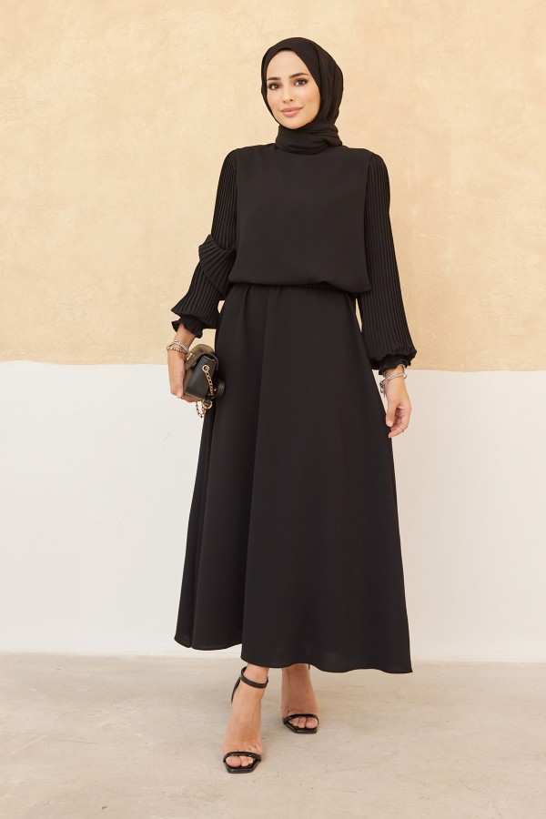 Pleated Sleeve Skirt Tunic Set - Black Pleated Sleeve Skirt Tunic Set - Black