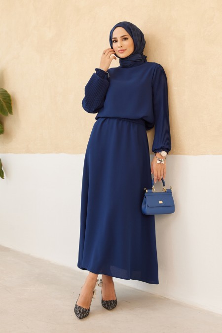 Kolları Piliseli Etek Tunik Takım - Indigo