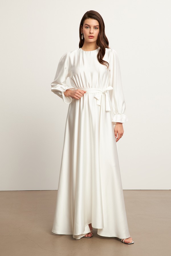 Liza Belted Satin Dress - Ecru Liza Belted Satin Dress - Ecru
