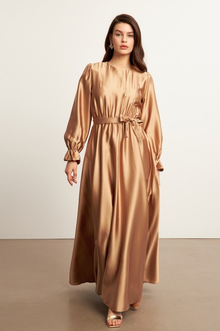 Liza Kuşaklı Saten Elbise - Gold
