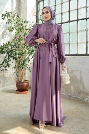 Liza Kuşaklı Saten Elbise - Leylak