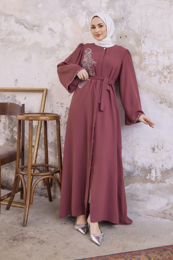 Lora Taşlı Abaya - Gül Kurusu