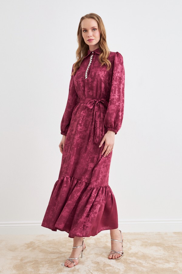 Mayra Stone Jacquard Dress - Claret Red