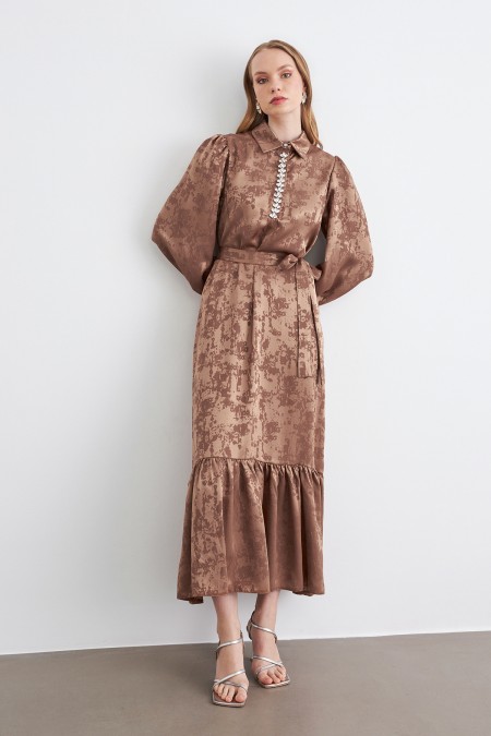 Mayra Stone Jacquard Dress - Camel