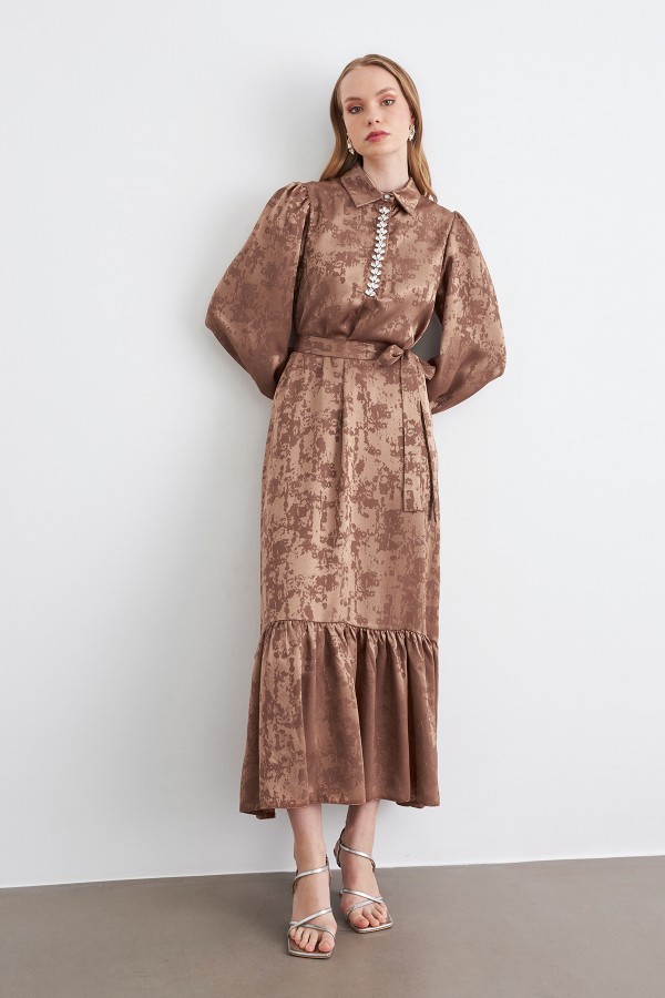 Mayra Taşlı Jakar Elbise - Camel