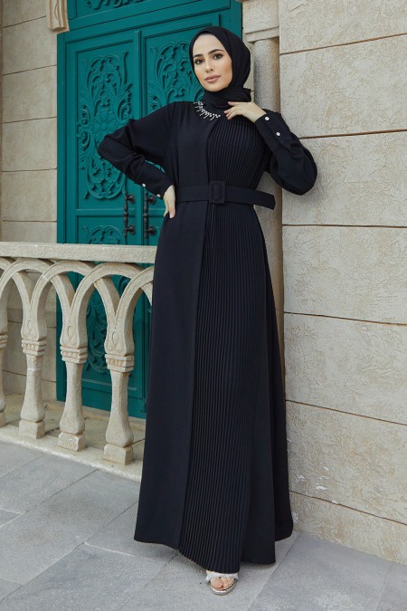 Pleated Belted Dress - Black