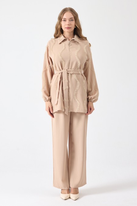 Tassel Detail Zipper Set - Beige