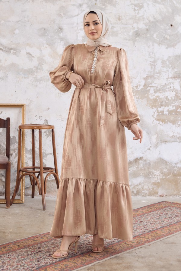 Taş Detaylı Jakar Elbise - Gold