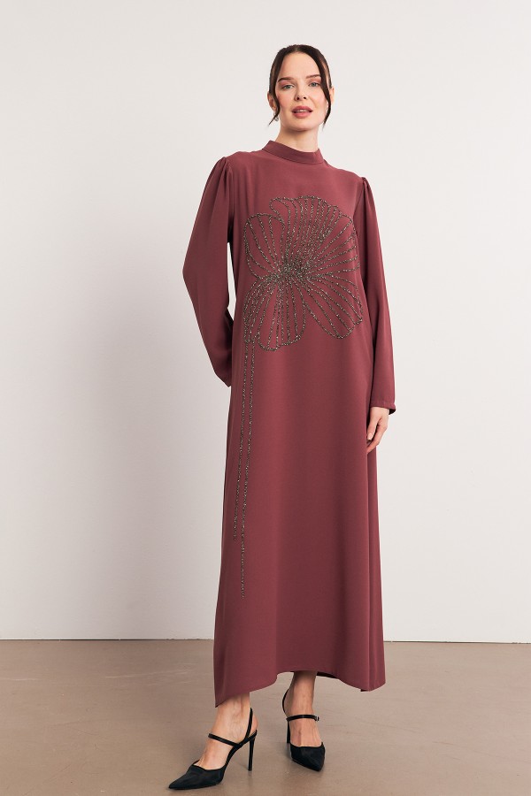 Evening Dress with Stone Embroidery Detail - Dusty Rose Evening Dress with Stone Embroidery Detail - Dusty Rose