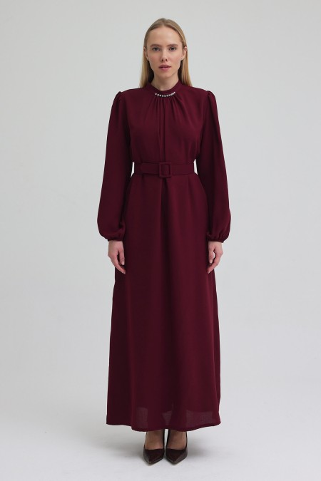 Embellished Collar Belted Dress - Burgundy