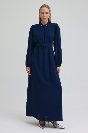 Yakası Taşlı Kemerli Elbise - Indigo