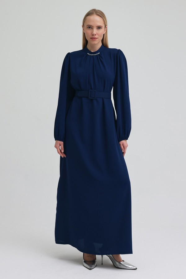 Yakası Taşlı Kemerli Elbise - Indigo