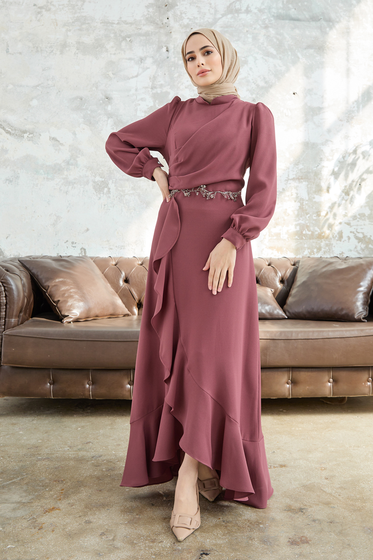 Evening Dress With Flared Skirt Dried Rose