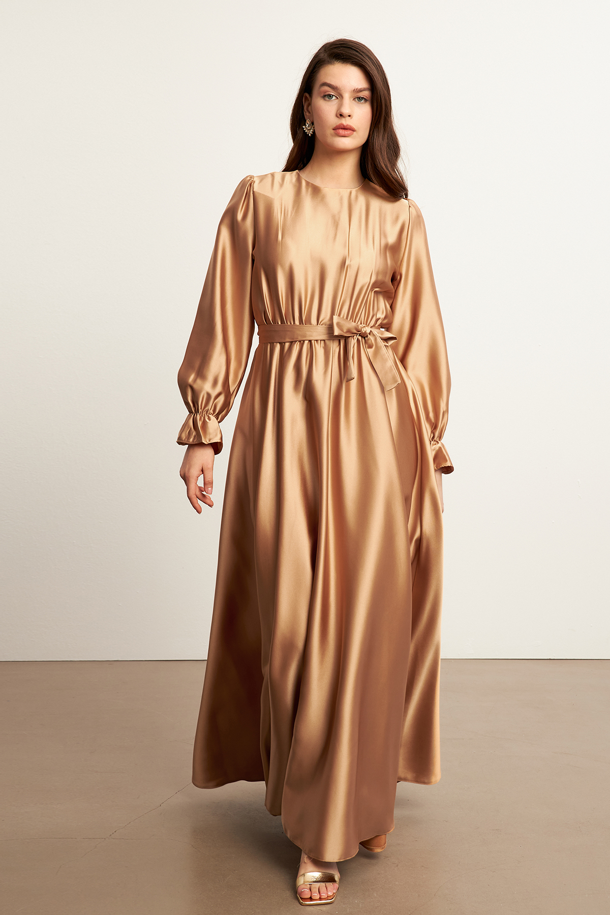 Liza Belted Satin Dress Gold Vavinor