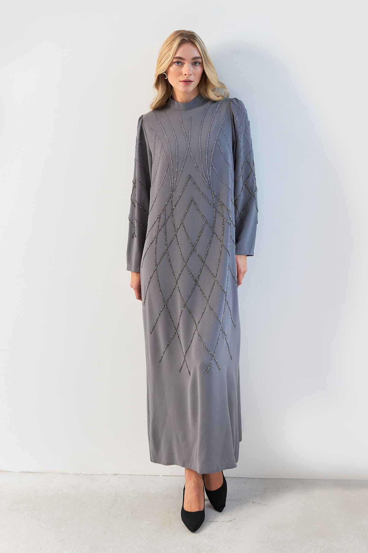 Alora Stone Embroidered Evening Dress - Gray | Vavinor